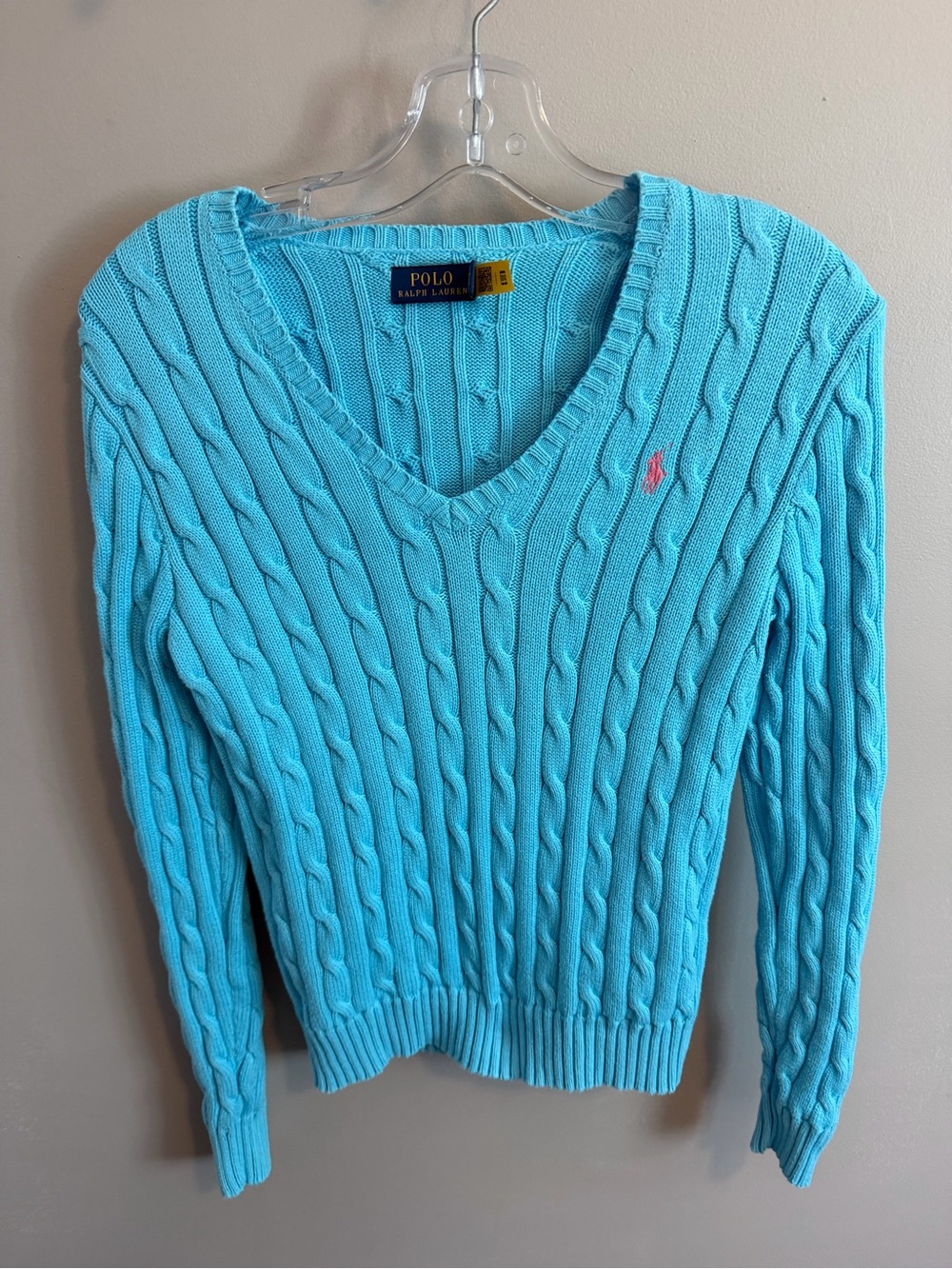 POLO Ralph Lauren Aqua Blue Cable Knit V-Neck Sweater Pink Pony Small